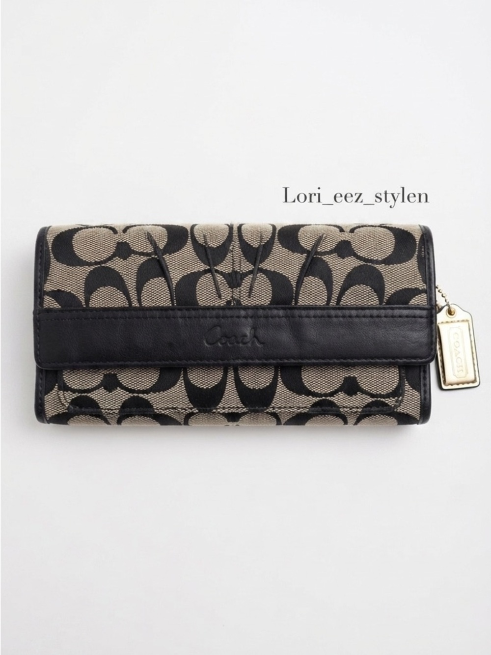 Y2K Vintage Coach Canvas Continental Wallet in Black and Tan with Gold Tag